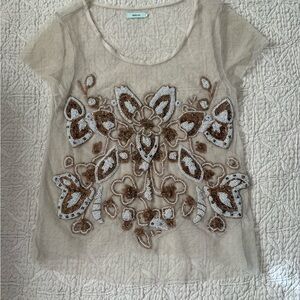 Kimchi Blue Sheer Blouse with Embellishments - Cream and Brown